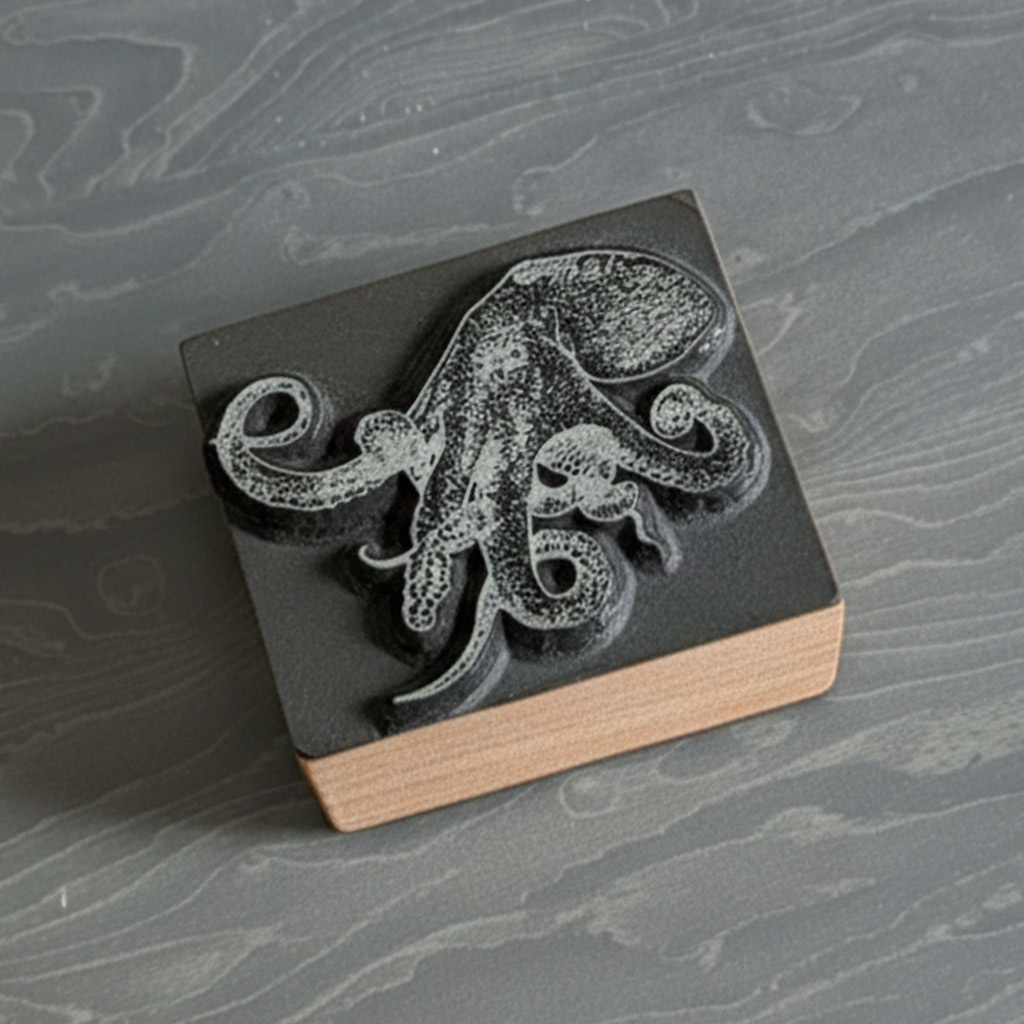 Octopus stamp design made of cold cast bronze, mounted on a square wooden block shown from a top-down perspective.